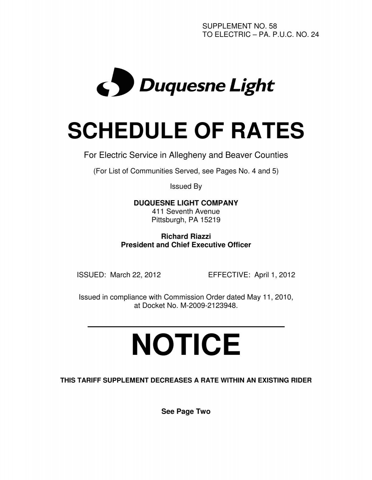 Schedule The Rates Duquesne Light
