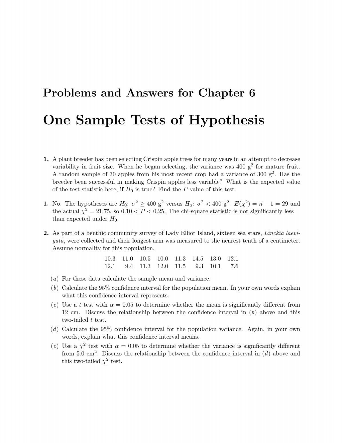 Problems And Answers For Chapter 6 One Sample Tests Of Hypothesis
