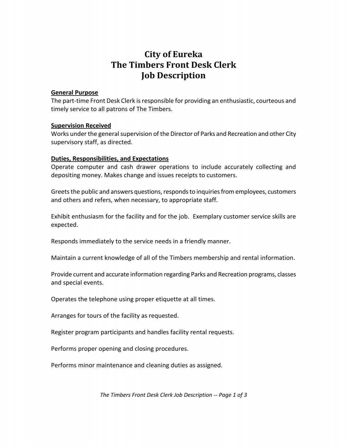 City Of Eureka The Timbers Front Desk Clerk Job Description