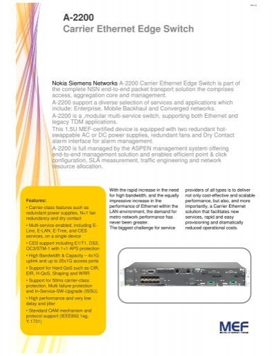 A-2200 Carrier Ethernet Edge Switch - Nokia Siemens Networks