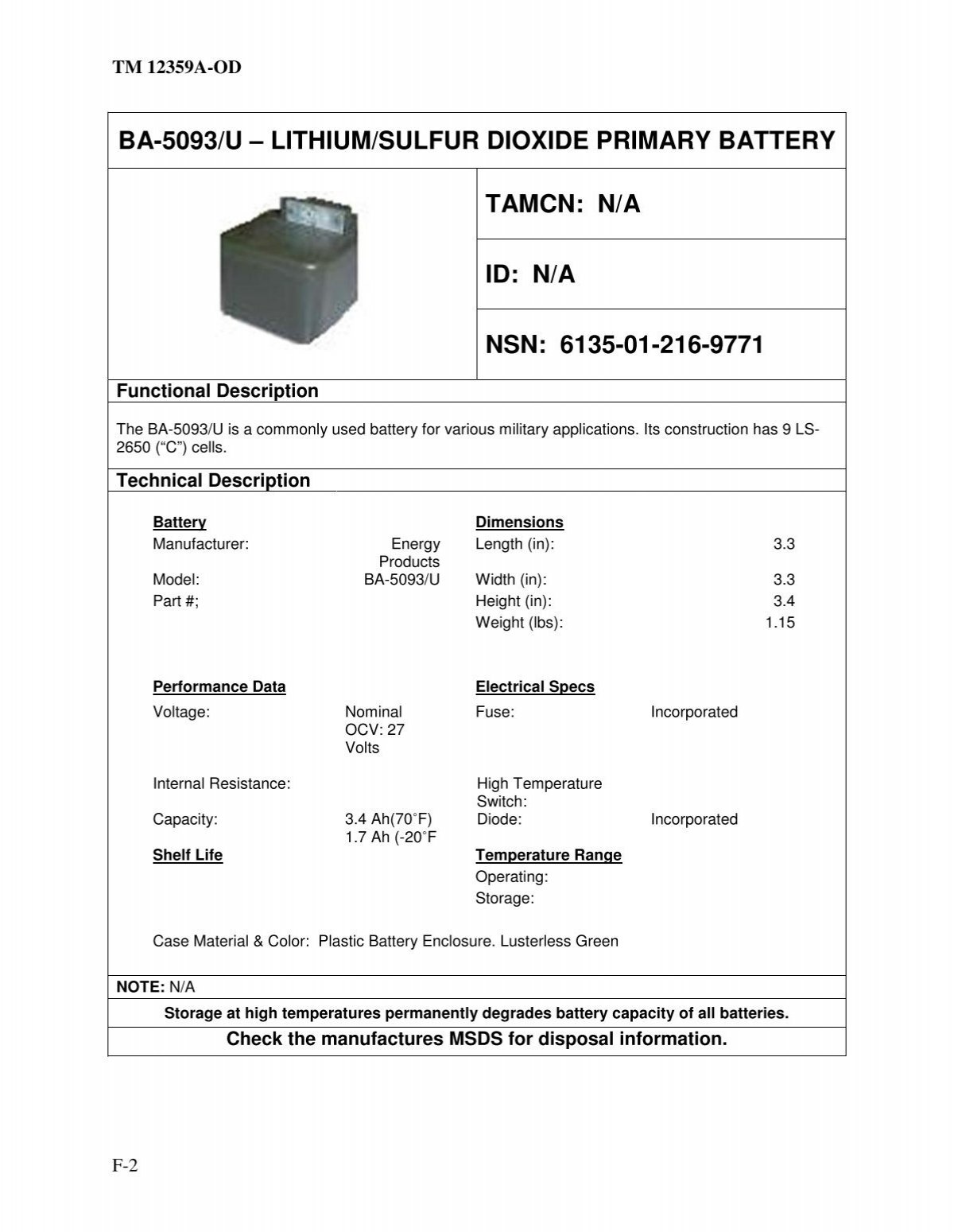 Ba 5093 U A A A Lithium Sulfur Dioxide Primary Battery