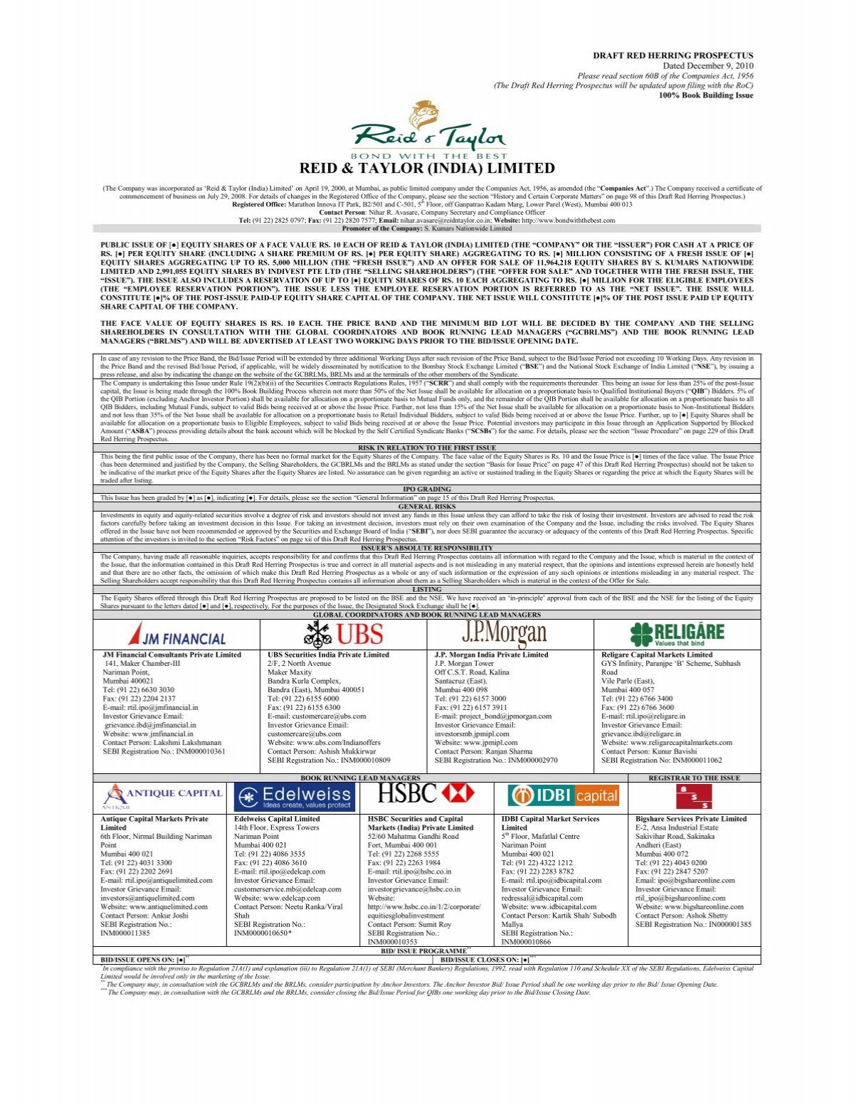 Reid & Taylor (India) Limited: Draft Red Herring Prospectus - HSBC