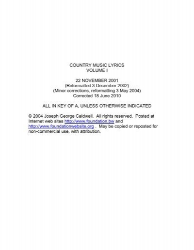 Country Music Lyrics Volume 1 Foundation Foundationwebsite Org