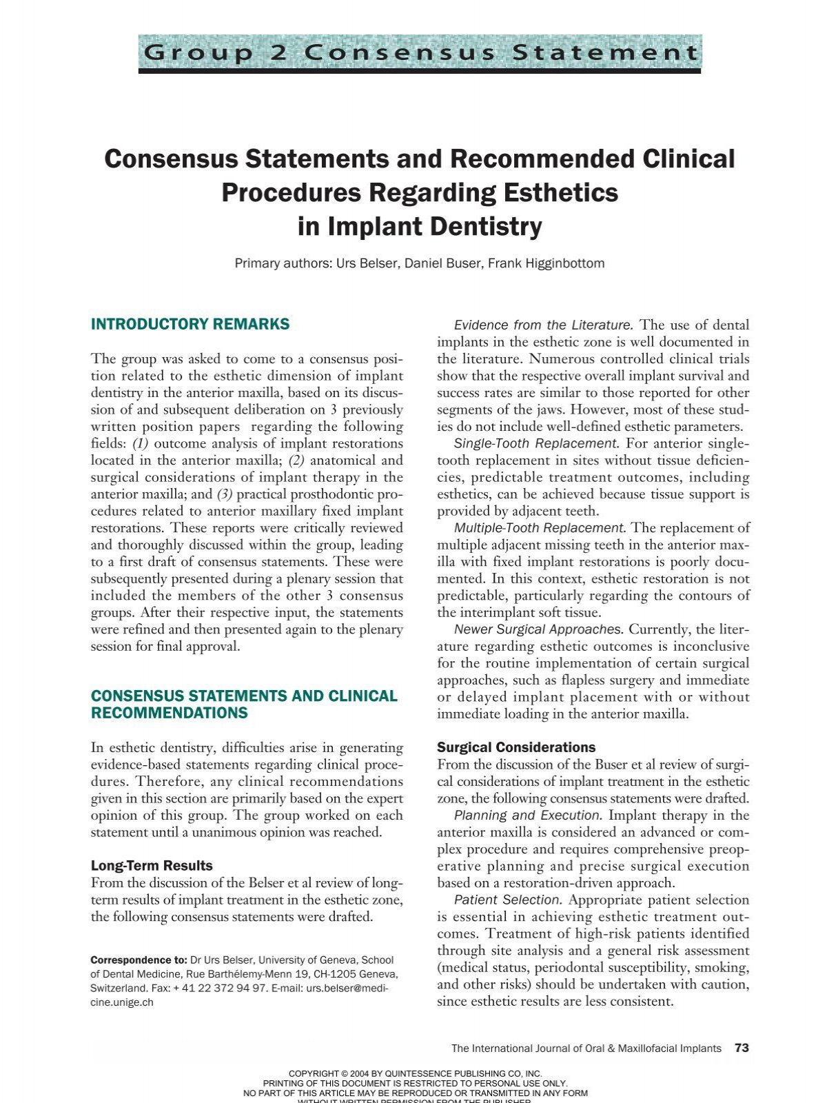 Consensus Statements And Recommended Clinical Procedures