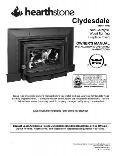 Clydesdale 8491 Manual Hearthstone Stoves, Fireplace Insert With Blower Instructions