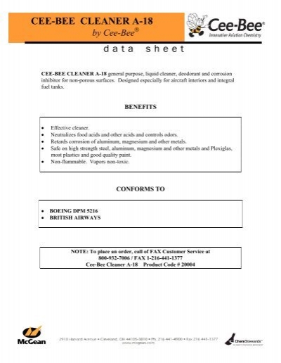 Data Sheet - CEE-BEE CLEANER A-18 - McGean