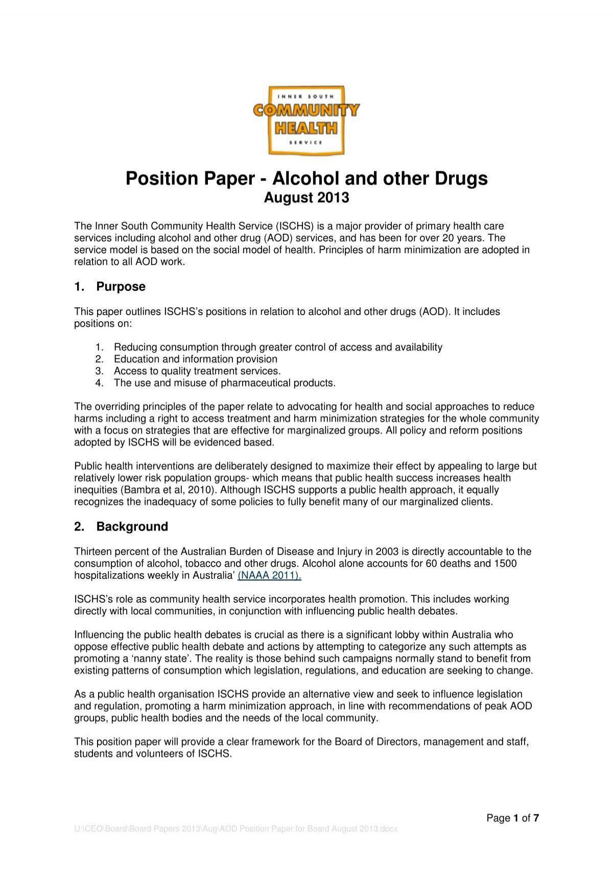 Position Paper Alcohol And Other Drugs Inner South Community