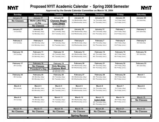 Nyit Academic Calendar Spring 2022 Proposed Nyit Academic Calendar - Spring 2008 Semester