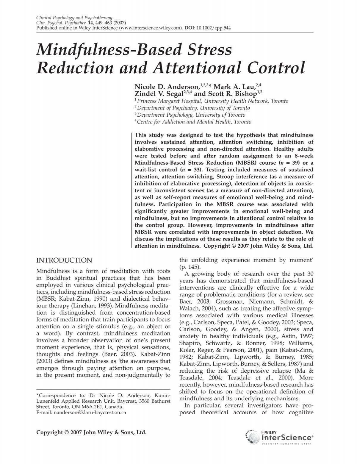 Mindfulness Based Stress Reduction And Attentional Control