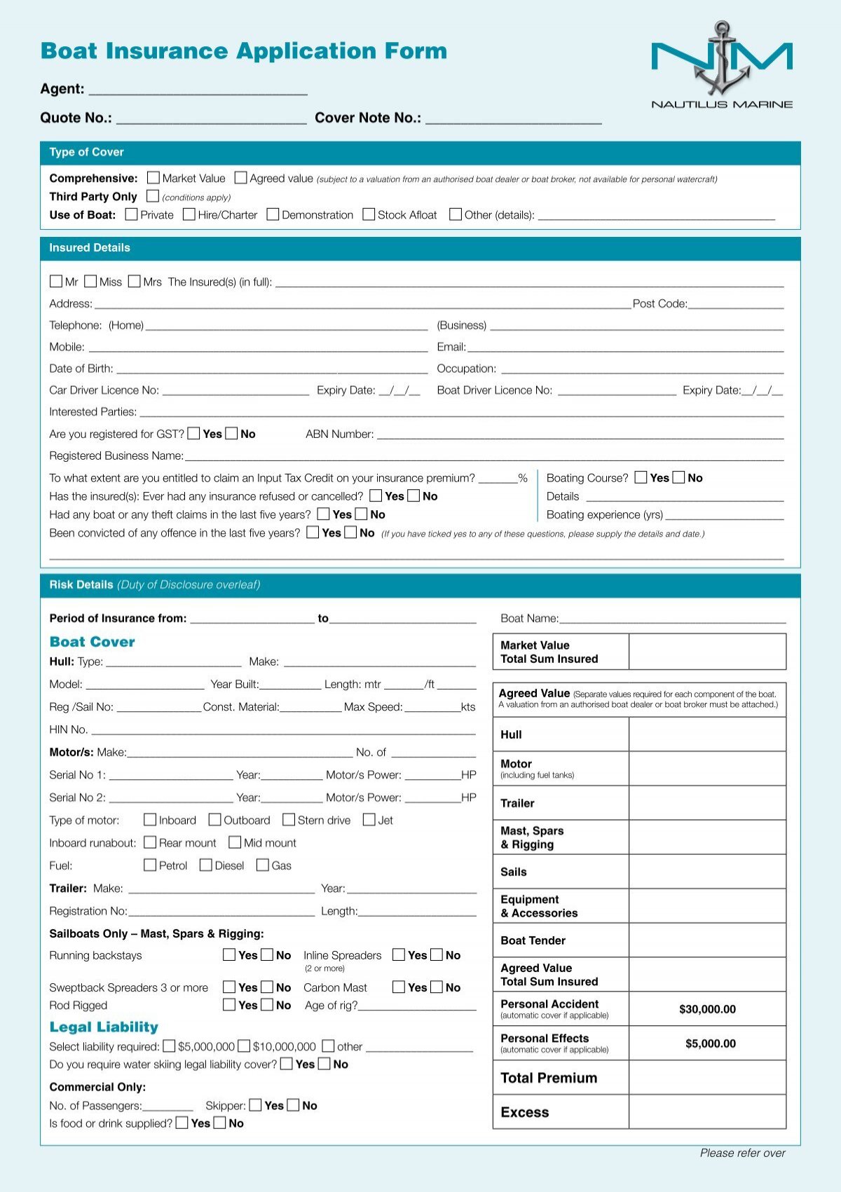yacht insurance proposal form