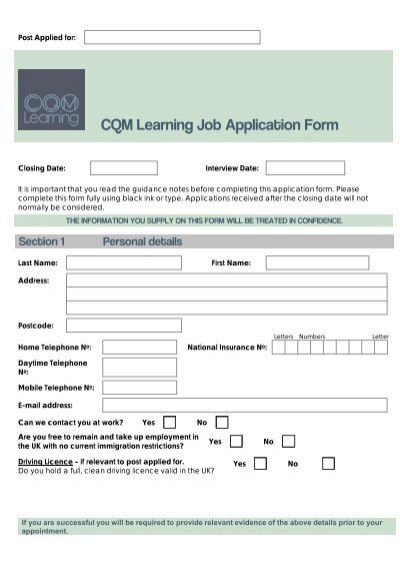 Job Application Form Template - CQM Learning