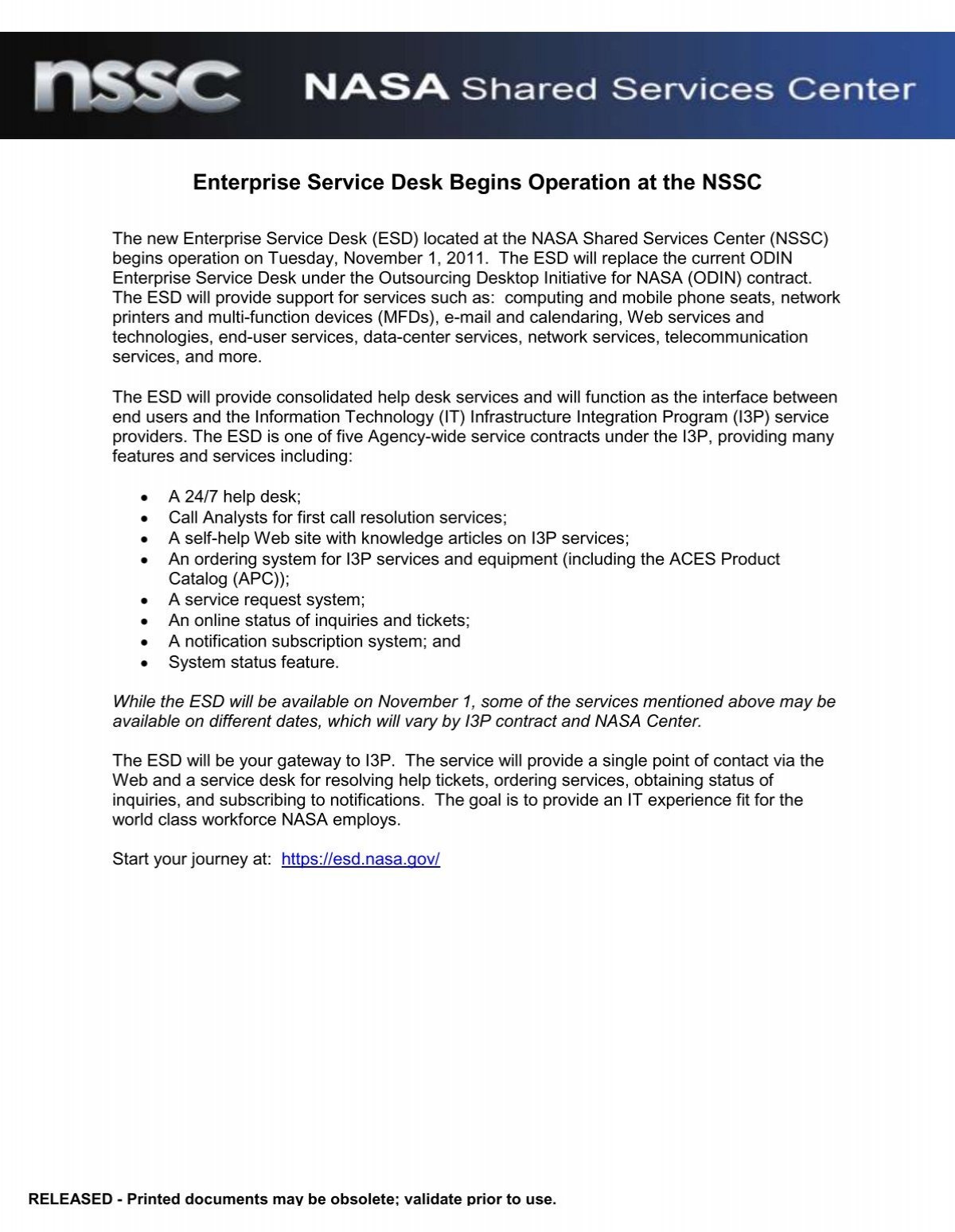 Enterprise Service Desk Begins Operation At The Nssc Nasa