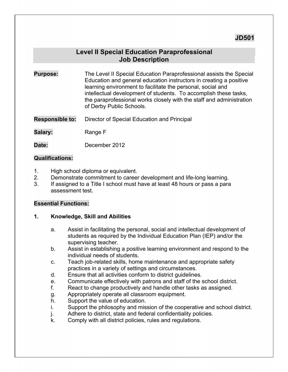 Adult Education Paraprofessional Job Description And Printable