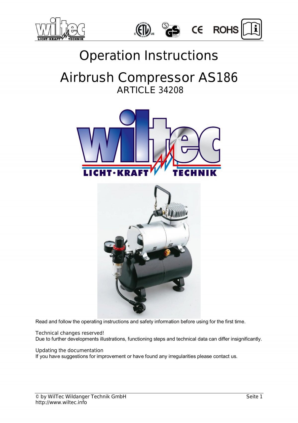 Operation Instructions Airbrush Compressor AS186 - WilTec