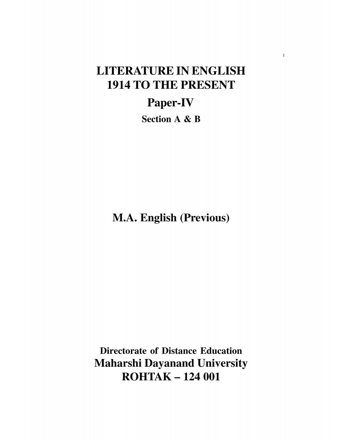 LITERATURE IN ENGLISH 1914 TO THE PRESENT Paper-IV