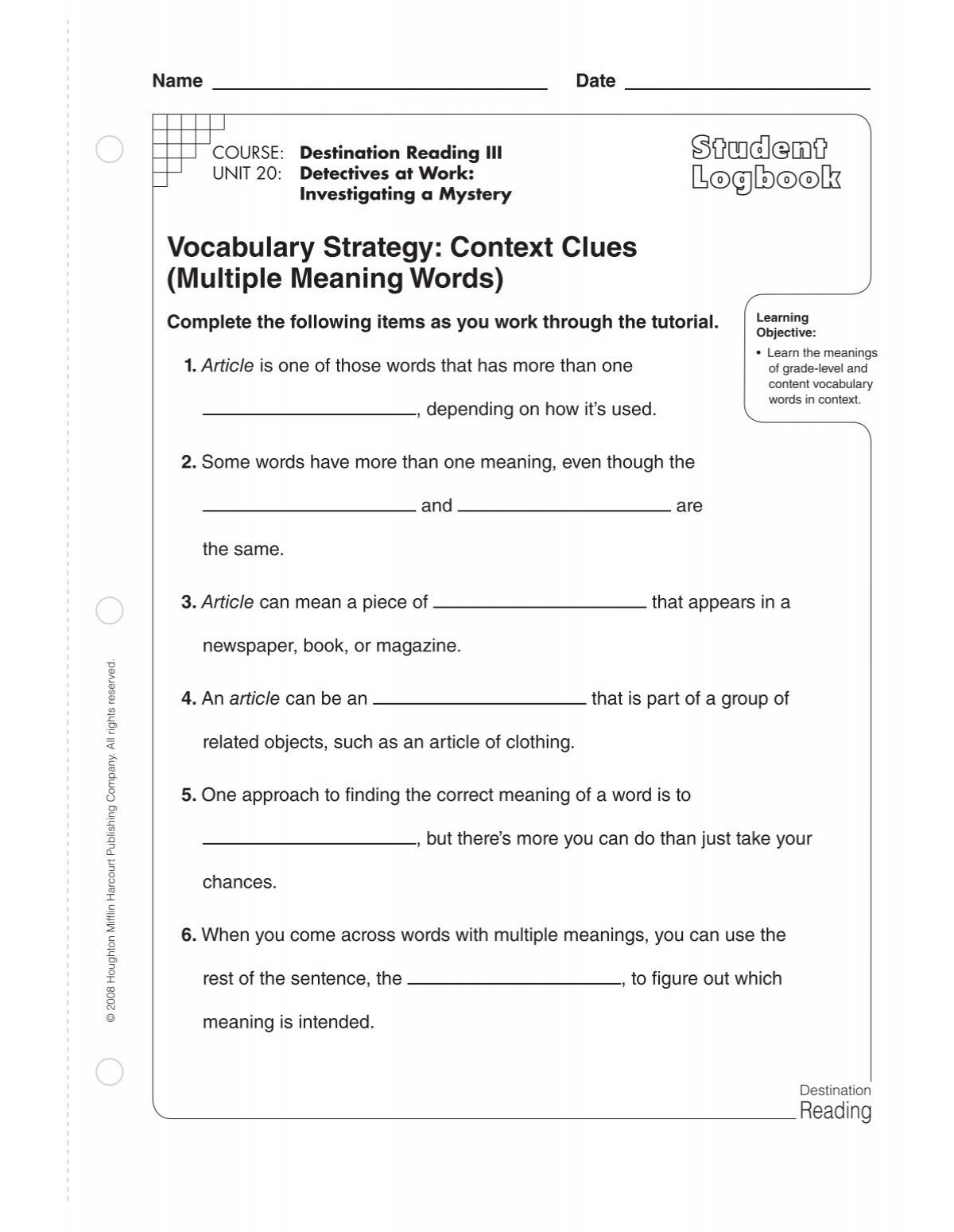 Vocabulary Strategy Context Clues Multiple Meaning Words