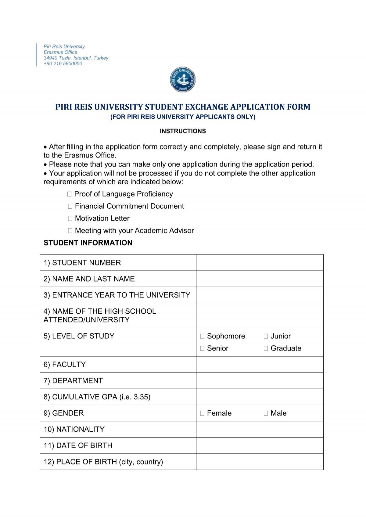 Piri Reis University Student Exchange Application Form