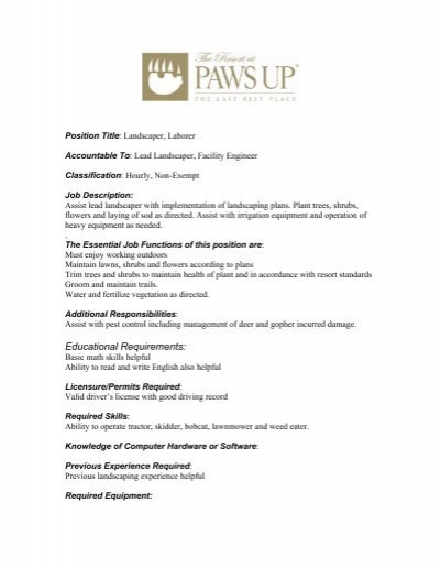 Job Description The Resort At Paws Up, What Is The Job Title Of A Landscaper