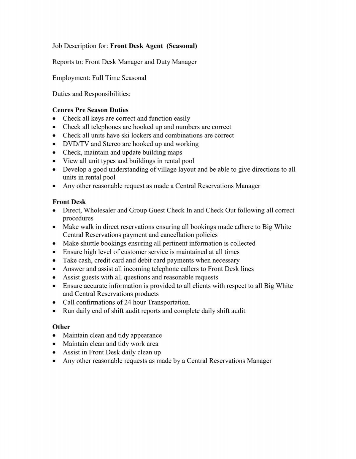 Job Description For Front Desk Agent Seasonal Reports To Front