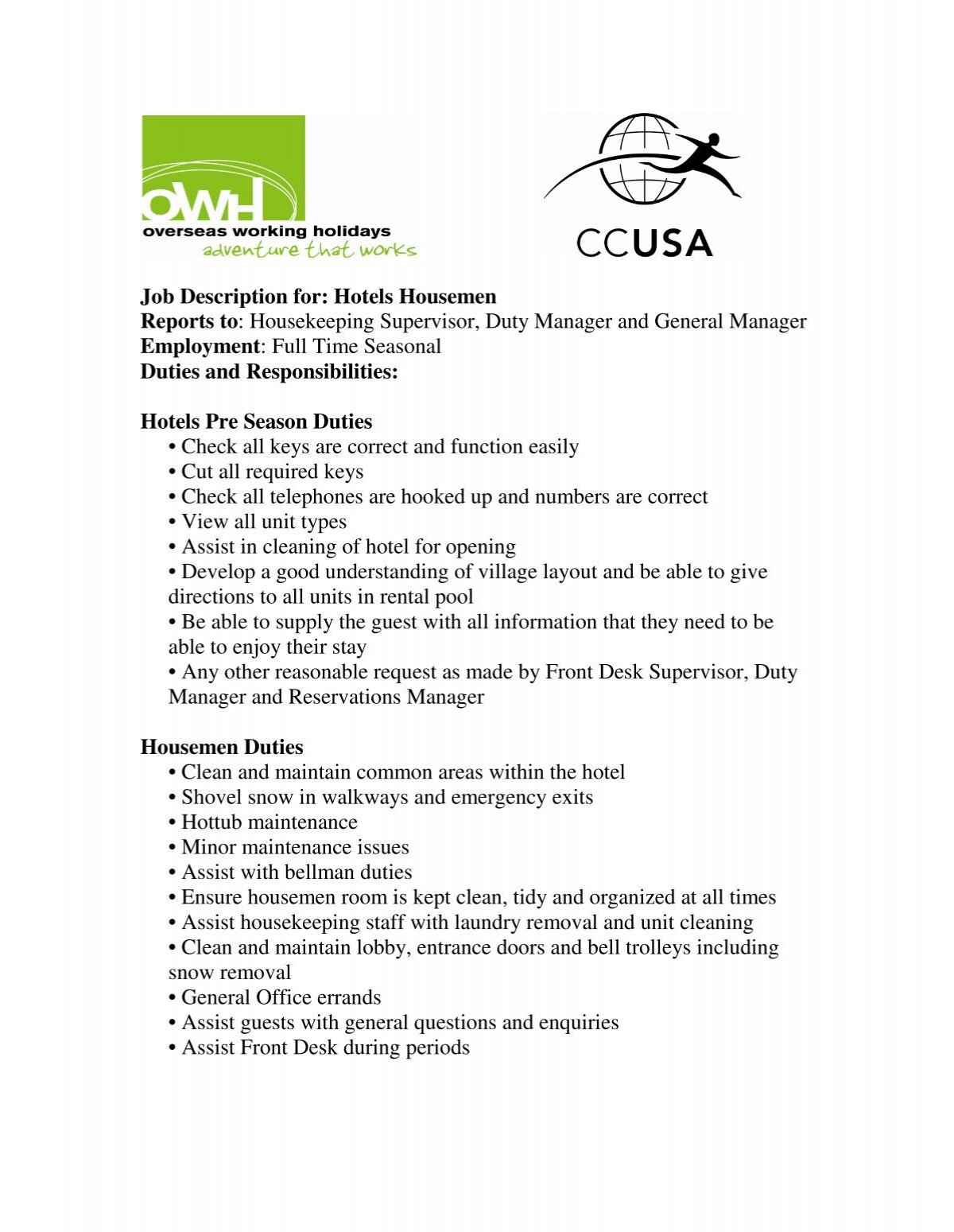 Job Description For Hotels Housemen Reports To Owh