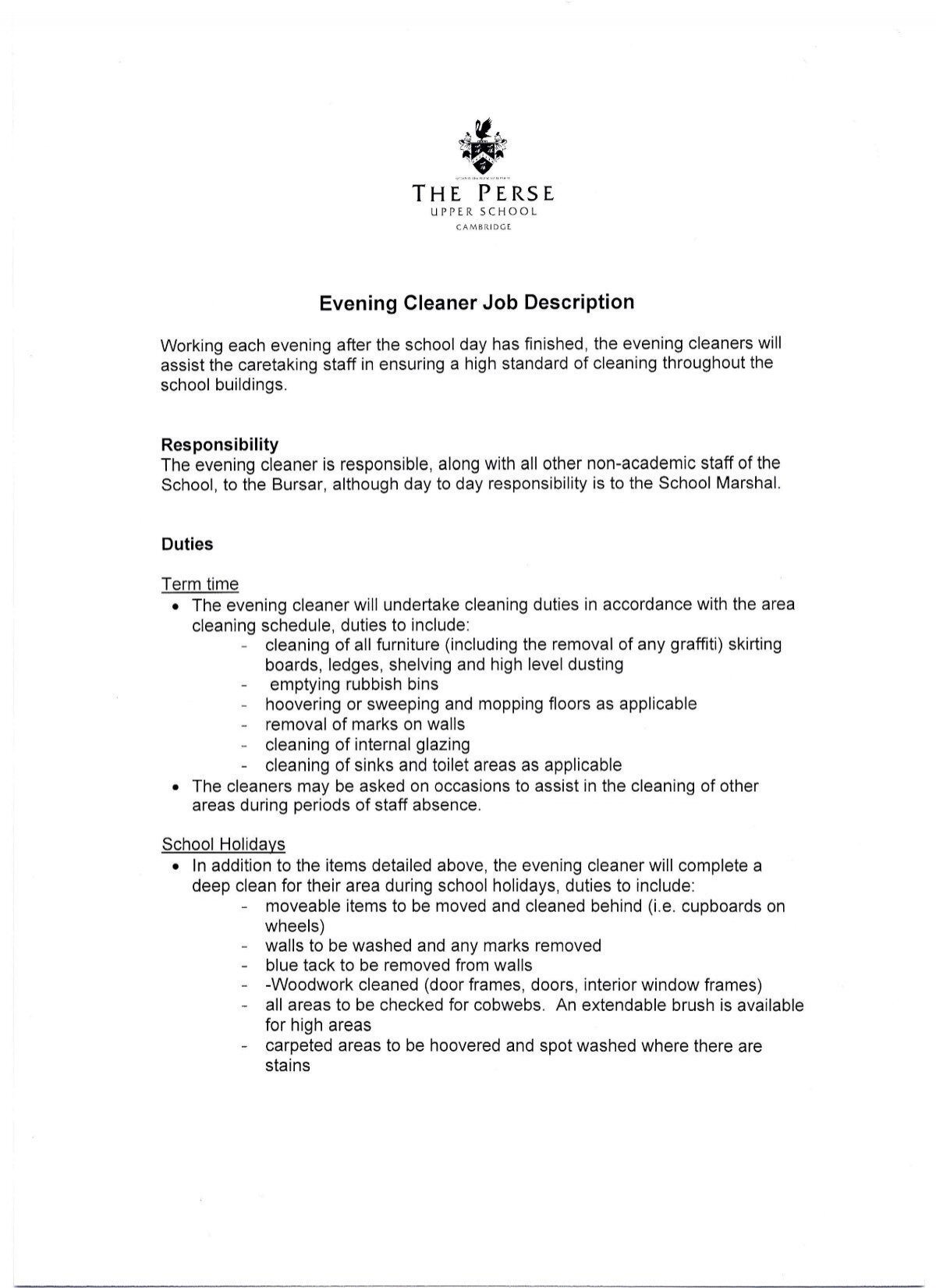 THE PERSE Evening Cleaner Job Description - The Perse School