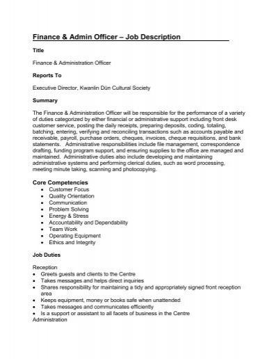 Finance Admin Officer Job Description