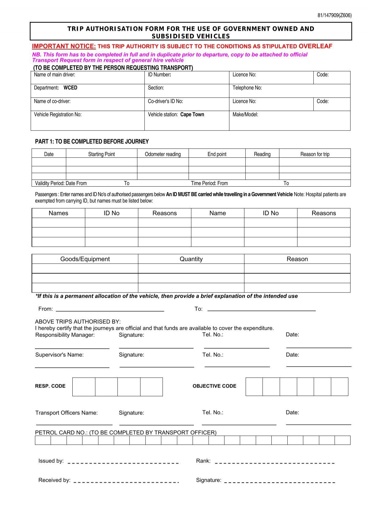 government trip authority form