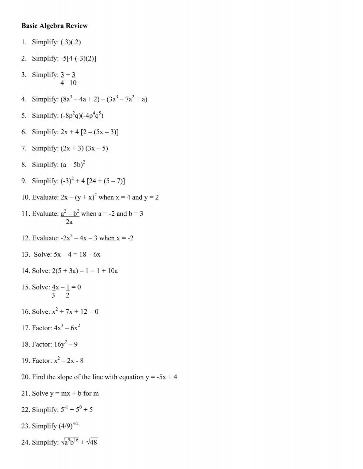 Basic Algebra Review 1 Simplify 3 2