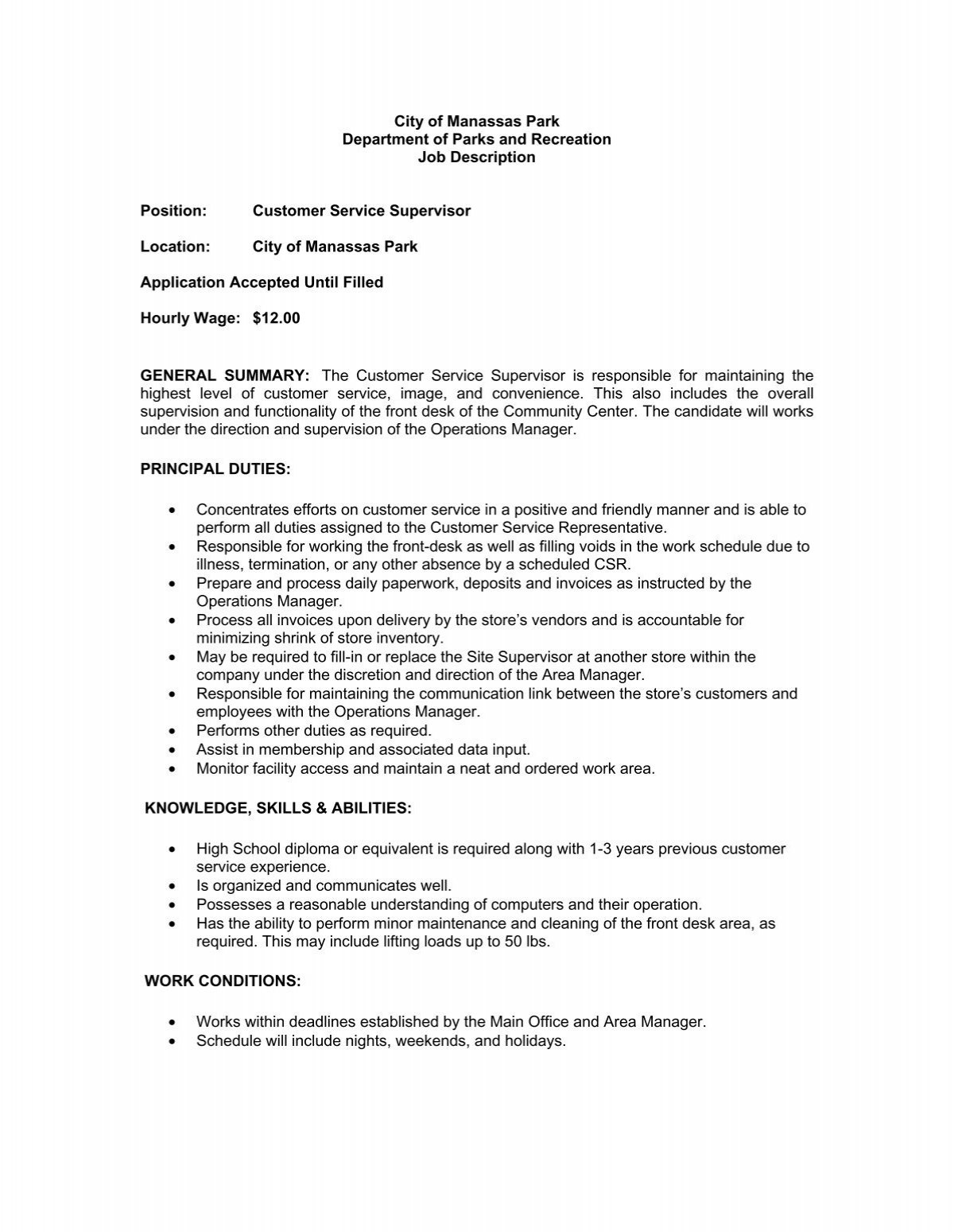 Customer Service Supervisor Job Description.pdf - City Of Manassas ...