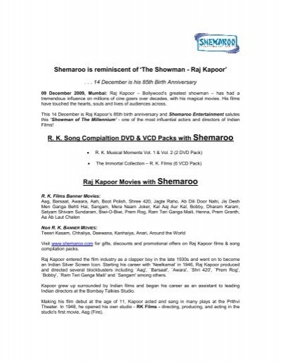 Shemaroo is reminiscent of 'The Showman - Raj ... - Pressman PR