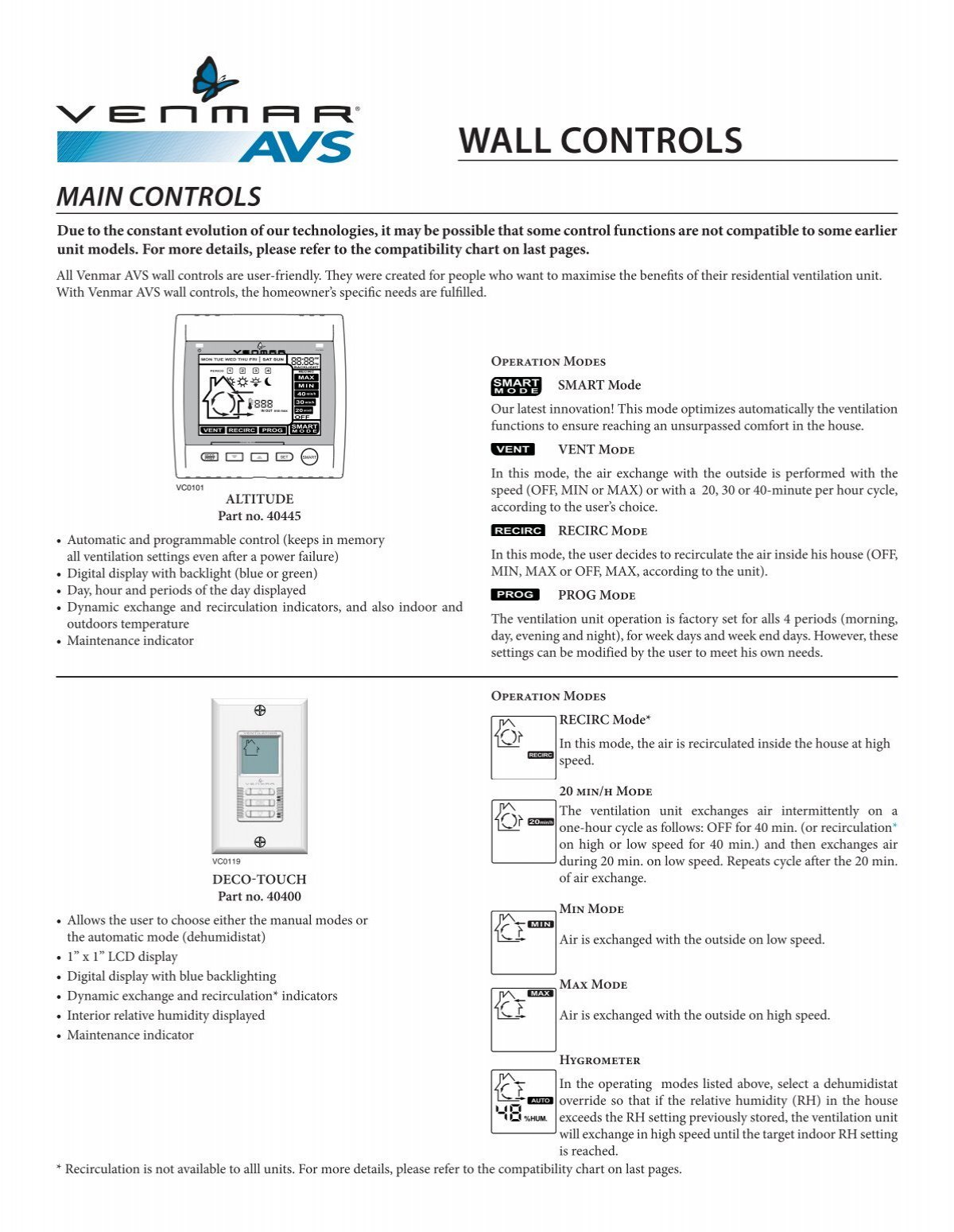 Venmar Wall Control Compatibility Chart