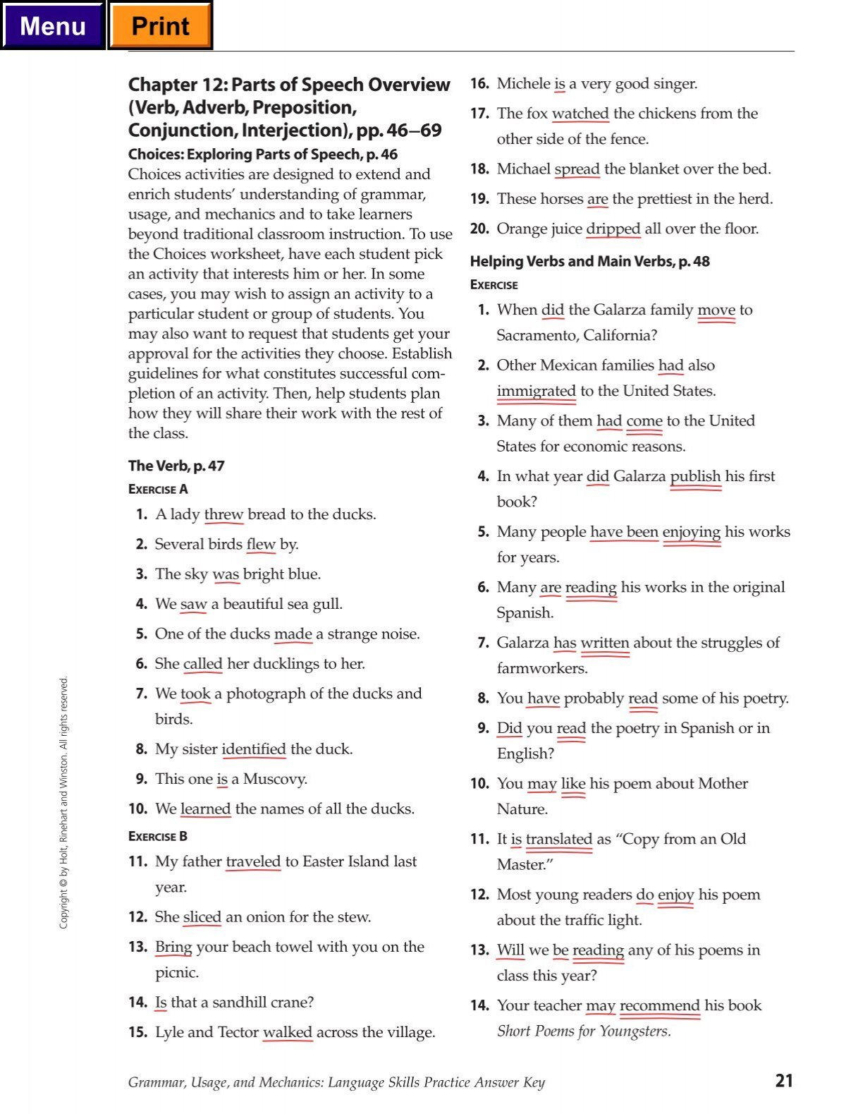 parts of speech review worksheet answers