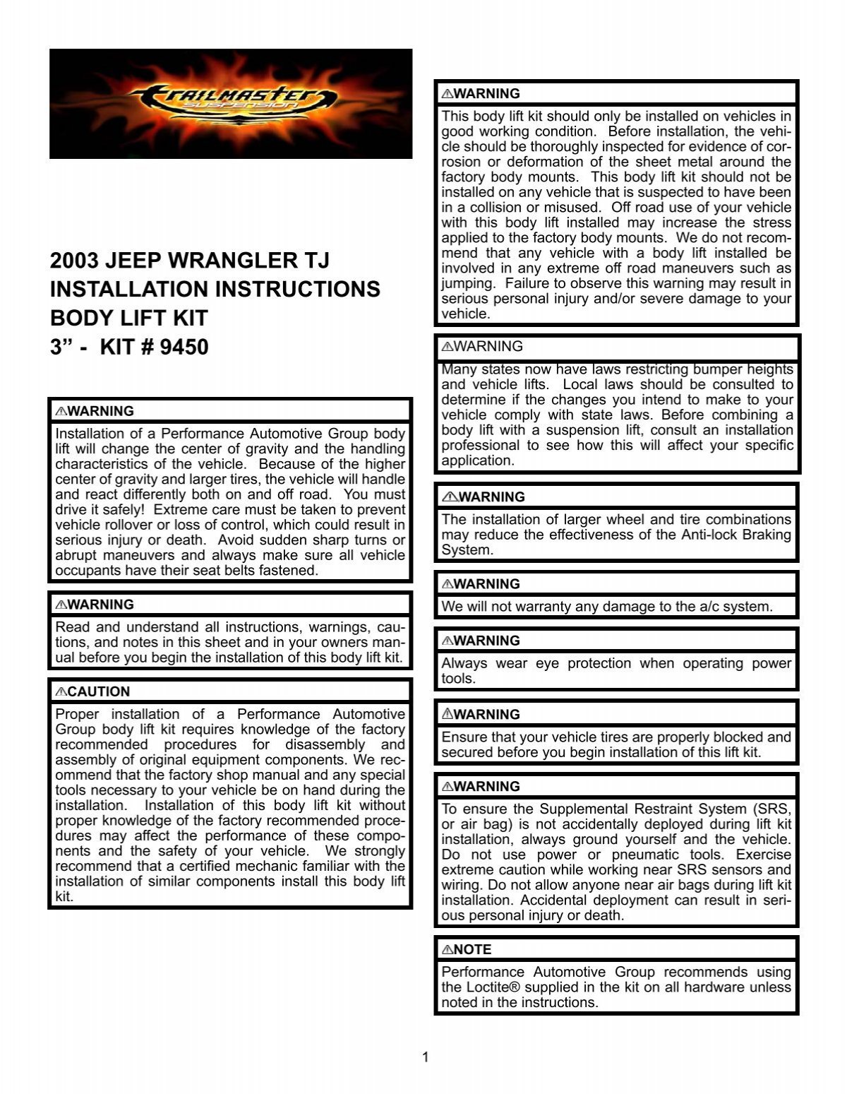 2003 jeep wrangler tj installation instructions body lift kit 3” - kit #  9450
