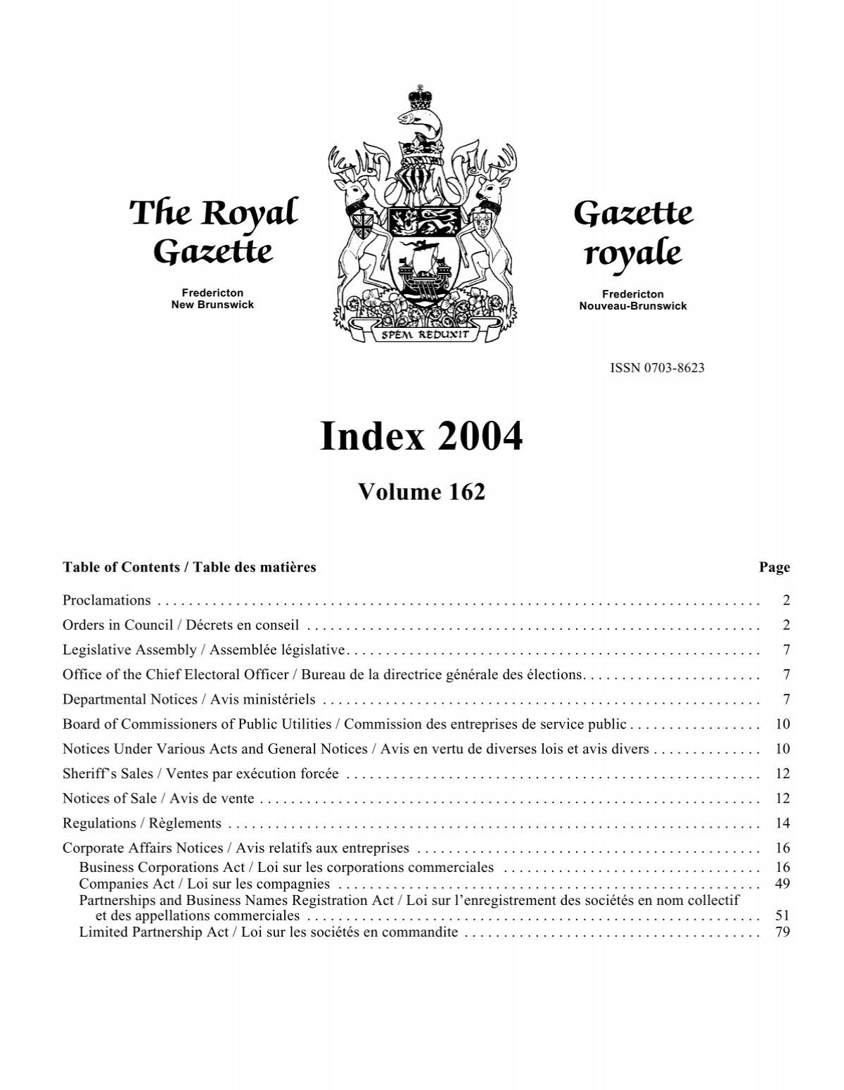 Index 2004 Volume 162 - Gouvernement du Nouveau-Brunswick
