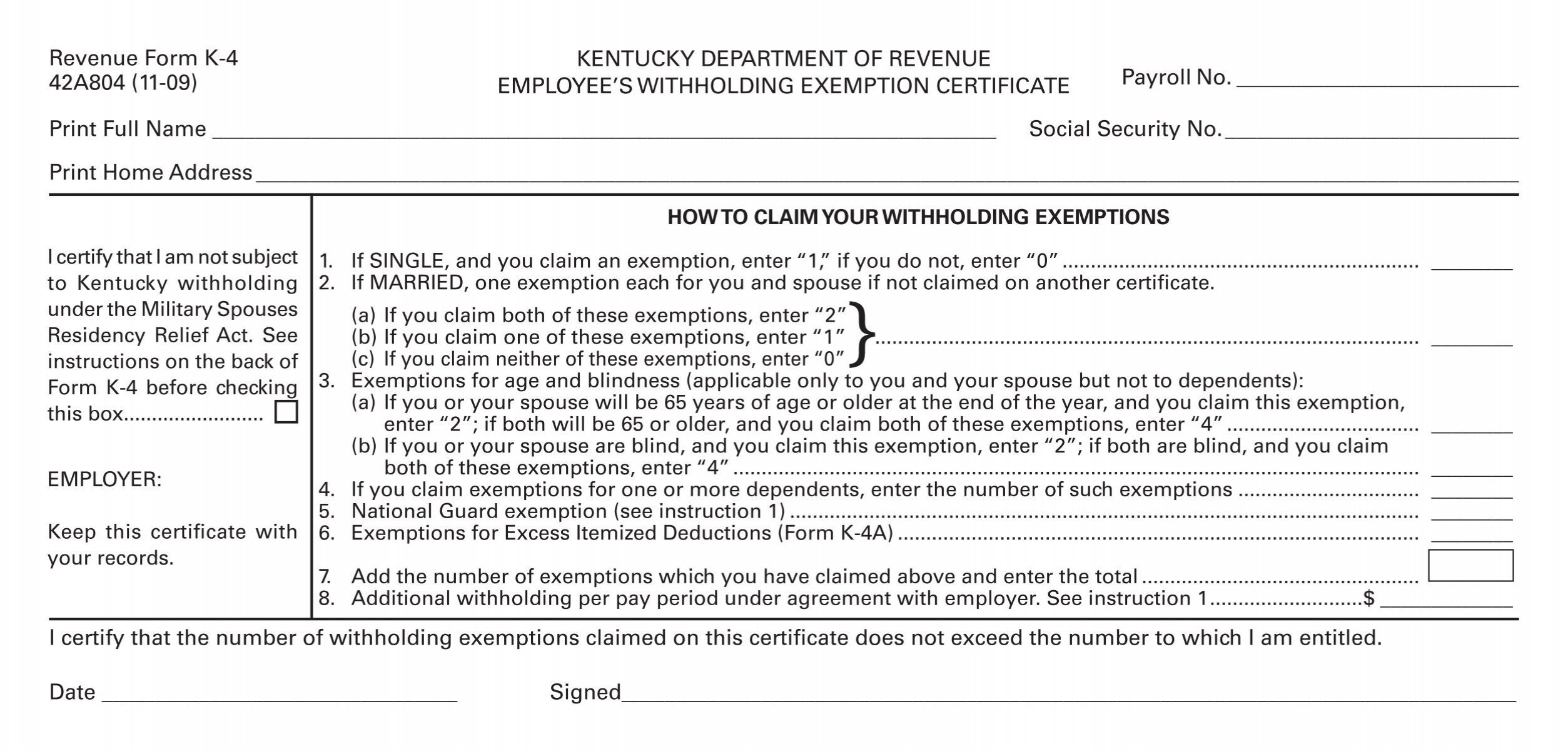 Revenue Form K 4 42a804 11 09 Kentucky Department Of
