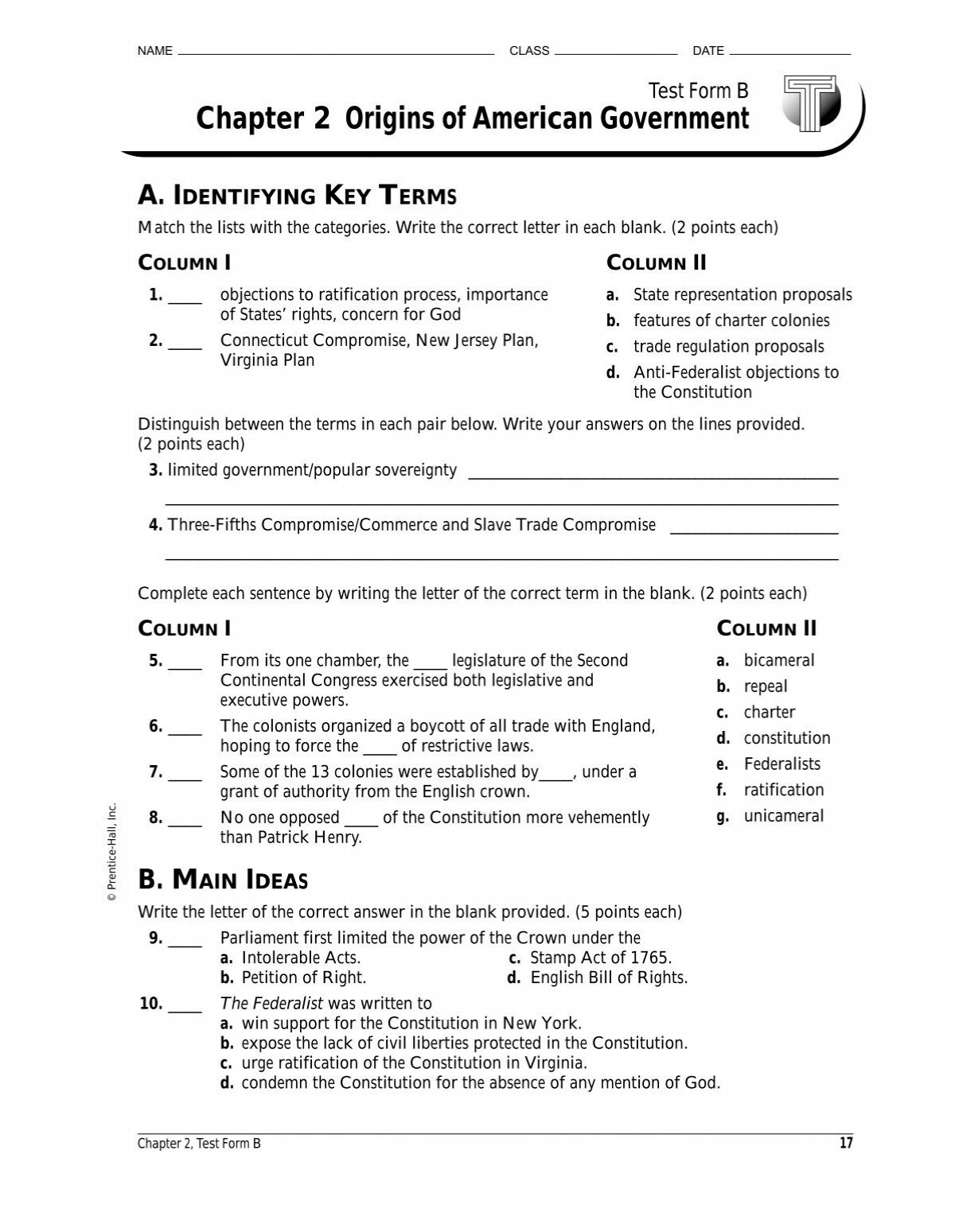Chapter 2 Origins Of American Government Worksheet Answers