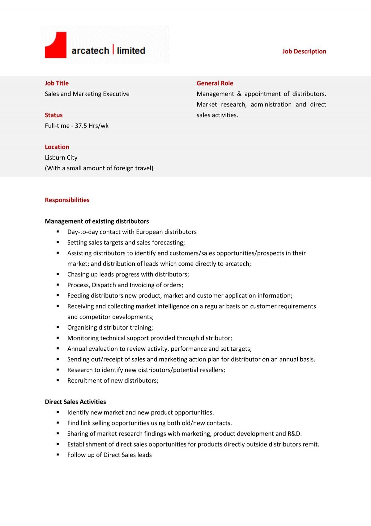 Job Description Job Title Sales And Marketing Executive Status Full ...