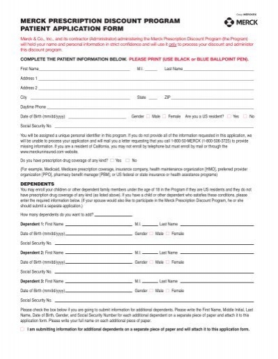 Merck Prescription Discount Program Patient Application Form Januvia