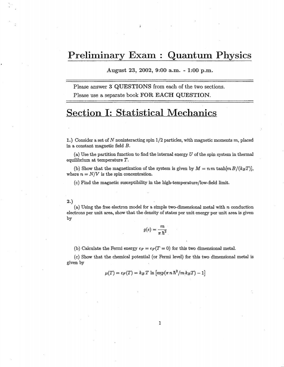 Preliminary Exam Quantum Physics