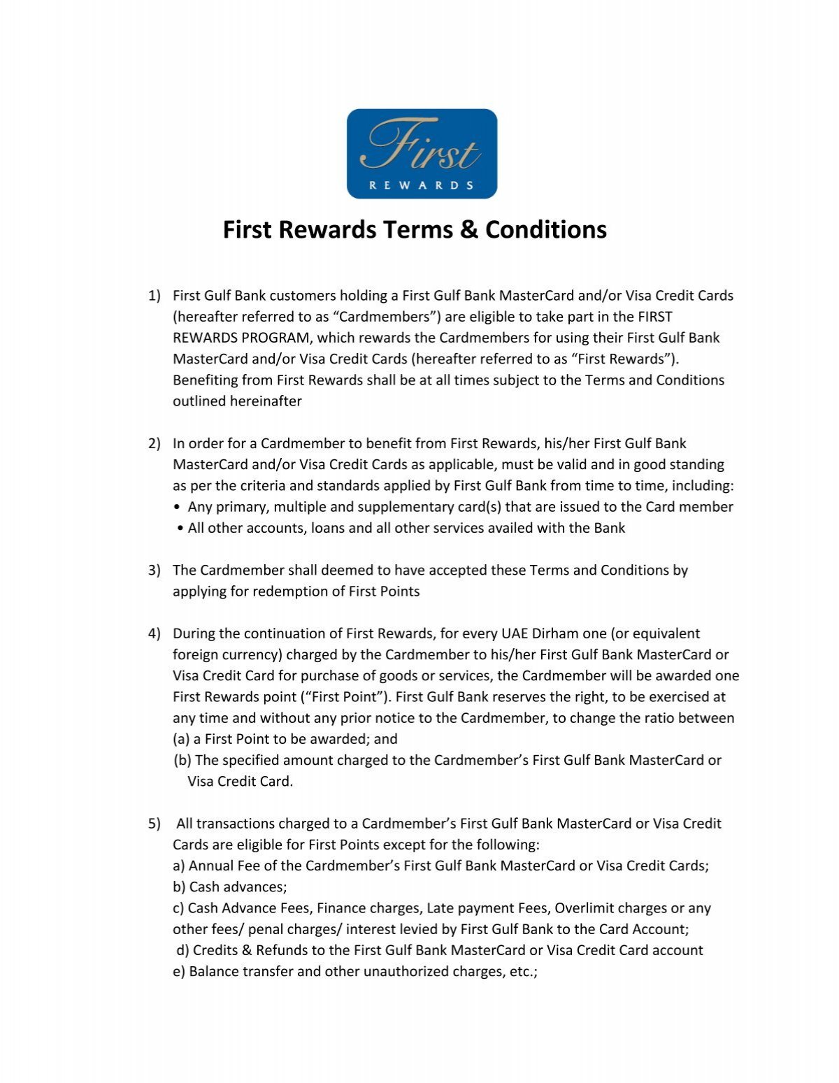 First Rewards Terms Conditions First Gulf Bank