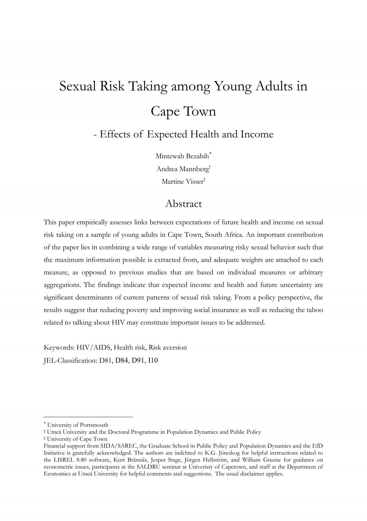 Sexual Risk Taking Among Young Adults In Cape Town 