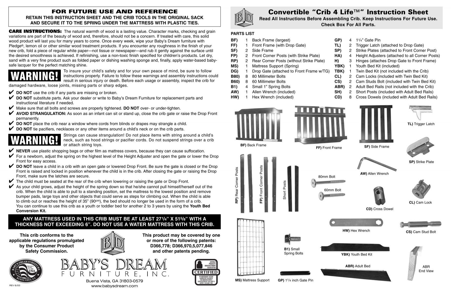 Convertible Crib 4 Lifea Instruction Sheet Baby S Dream