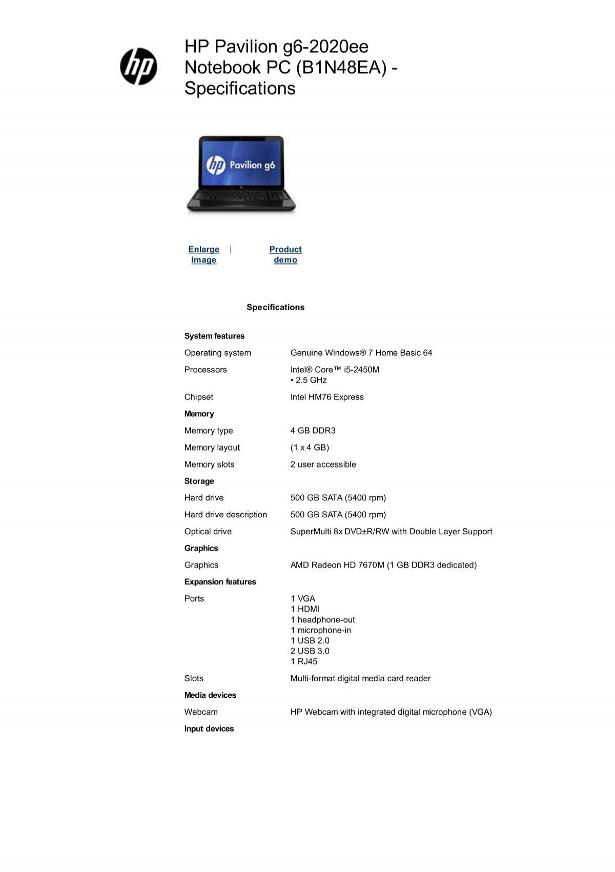 HP Pavilion g6-2020ee Notebook (B1N48EA - Microcity
