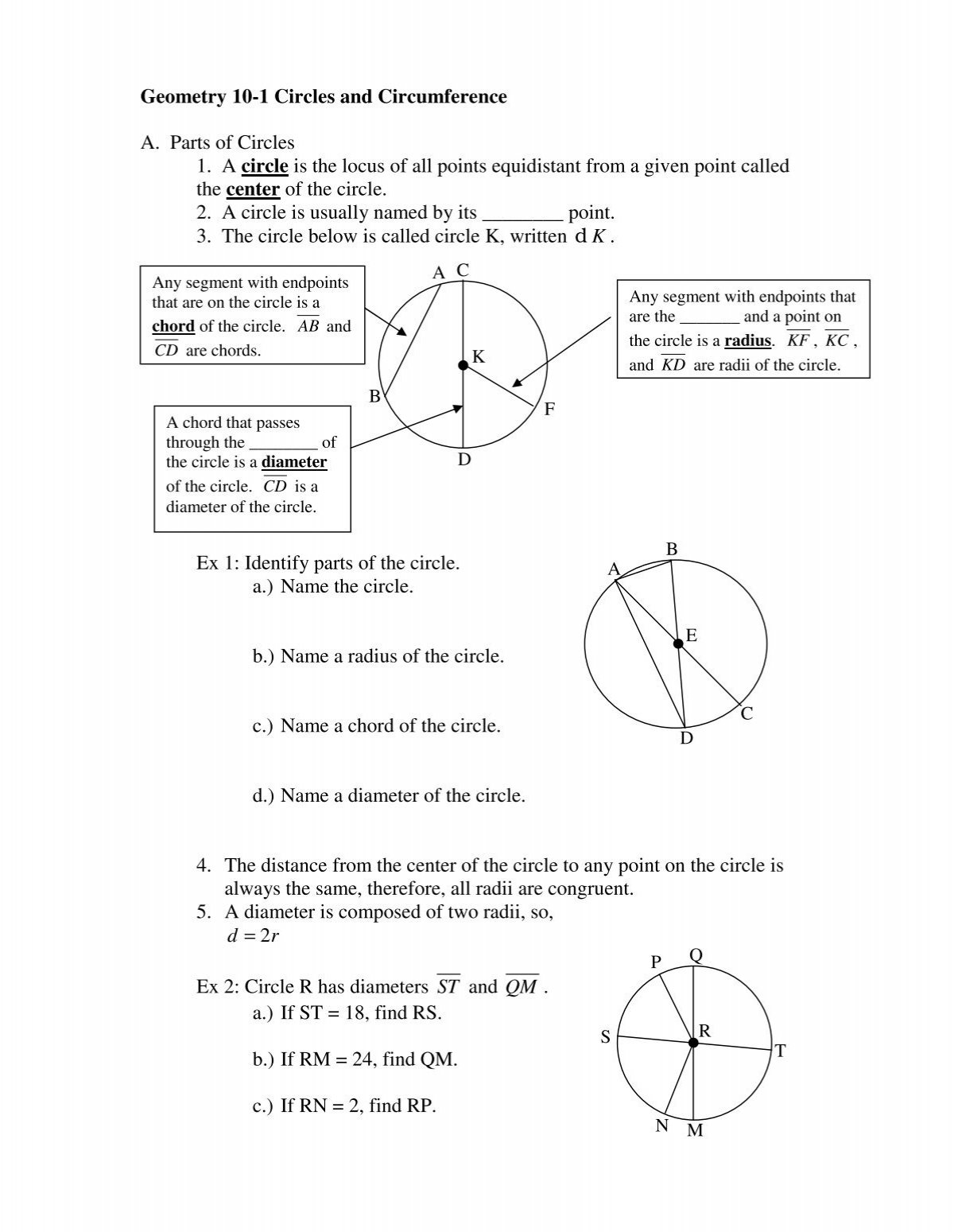 Geometry 10 1 Circles And Circumference A Parts Of Circles 1 A