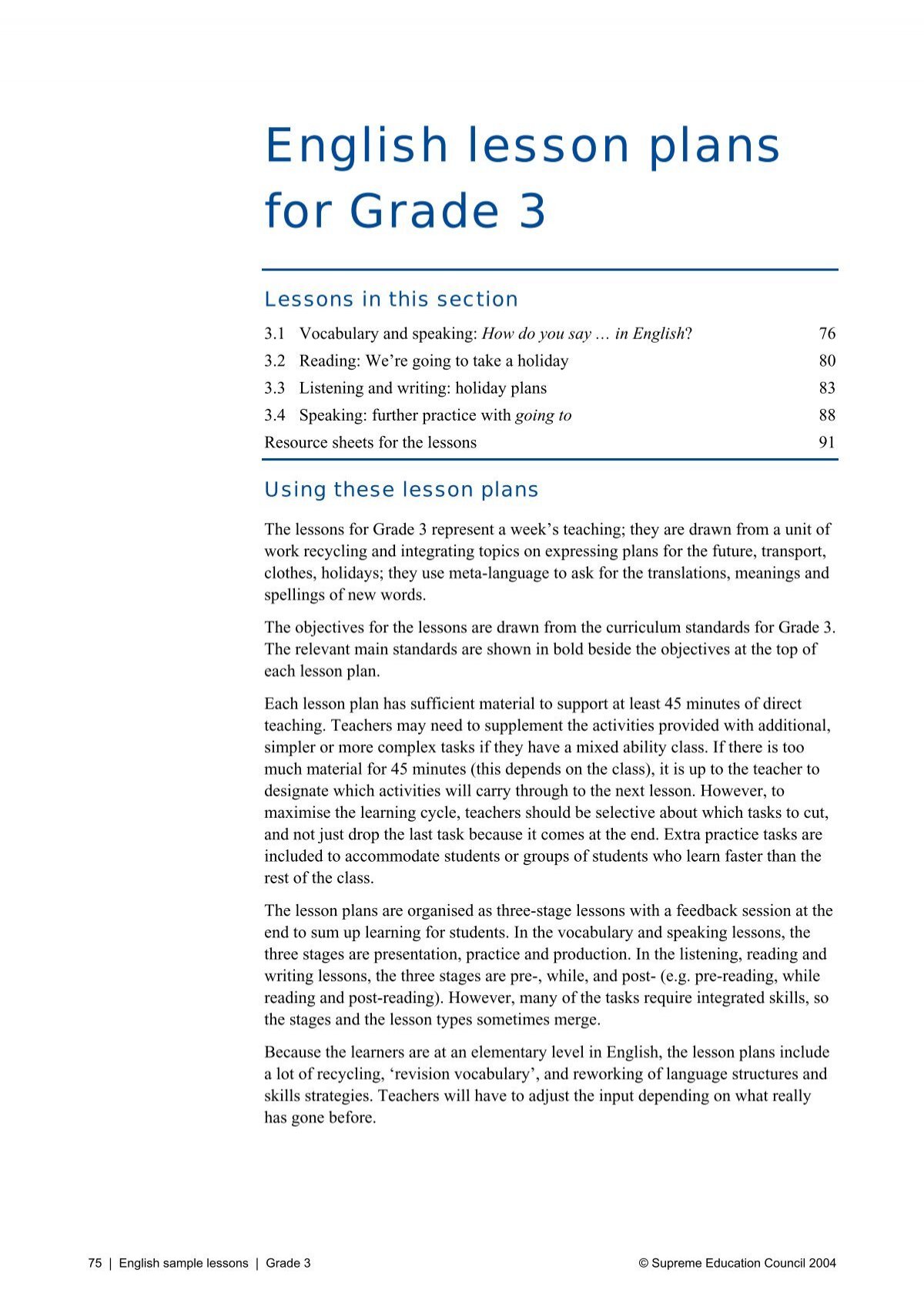 English Lesson Plans For Grade 3 