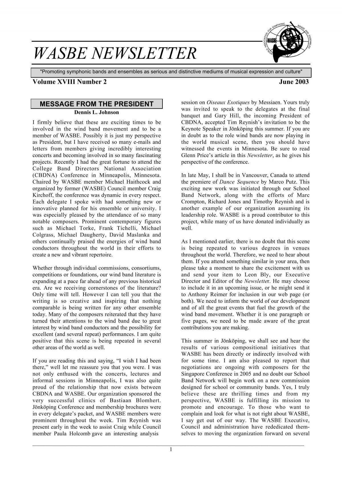 WASBE Newsletter June 2003 - World Association for Symphonic