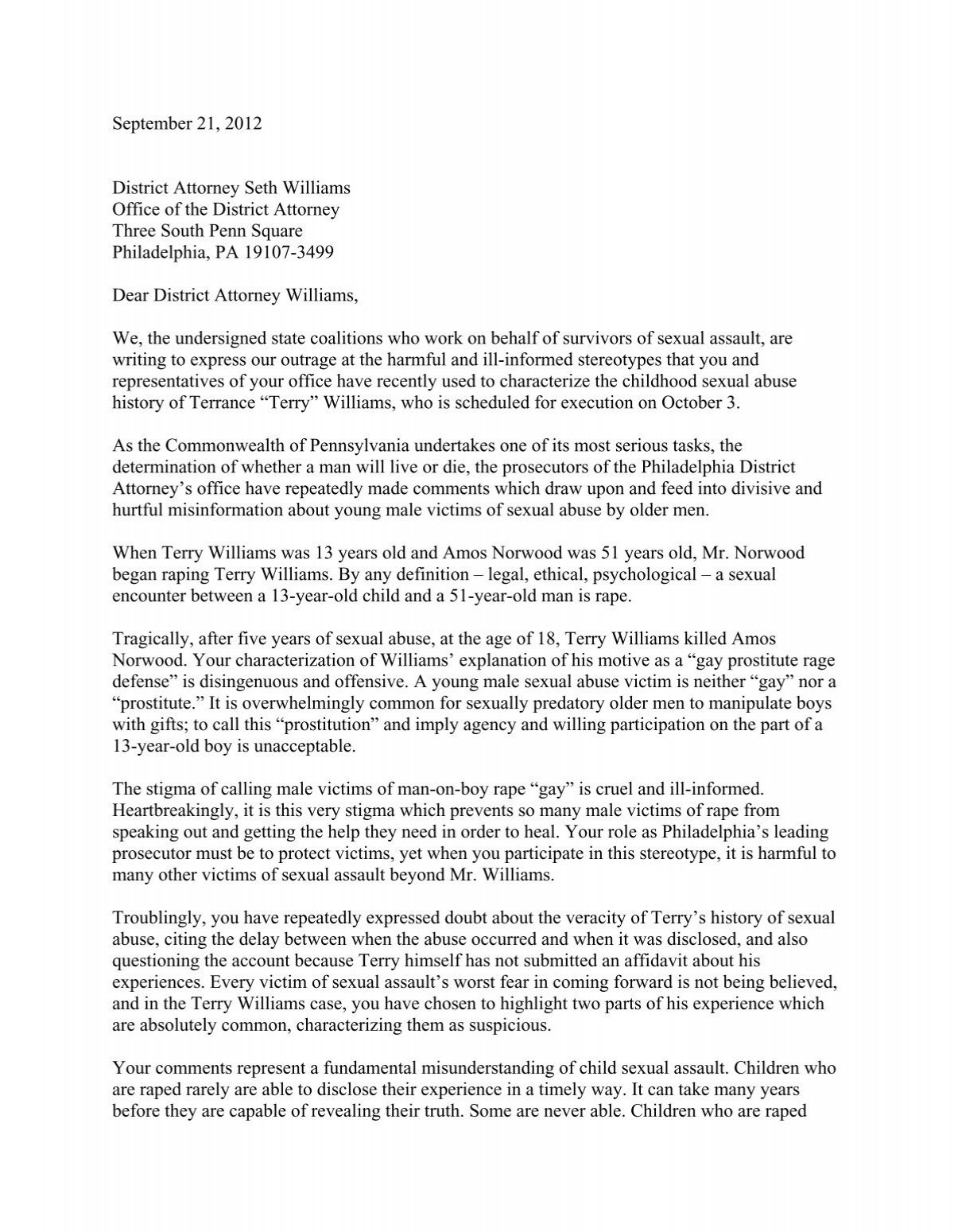 Letter To District Attorney Williams From State Sexual Assault
