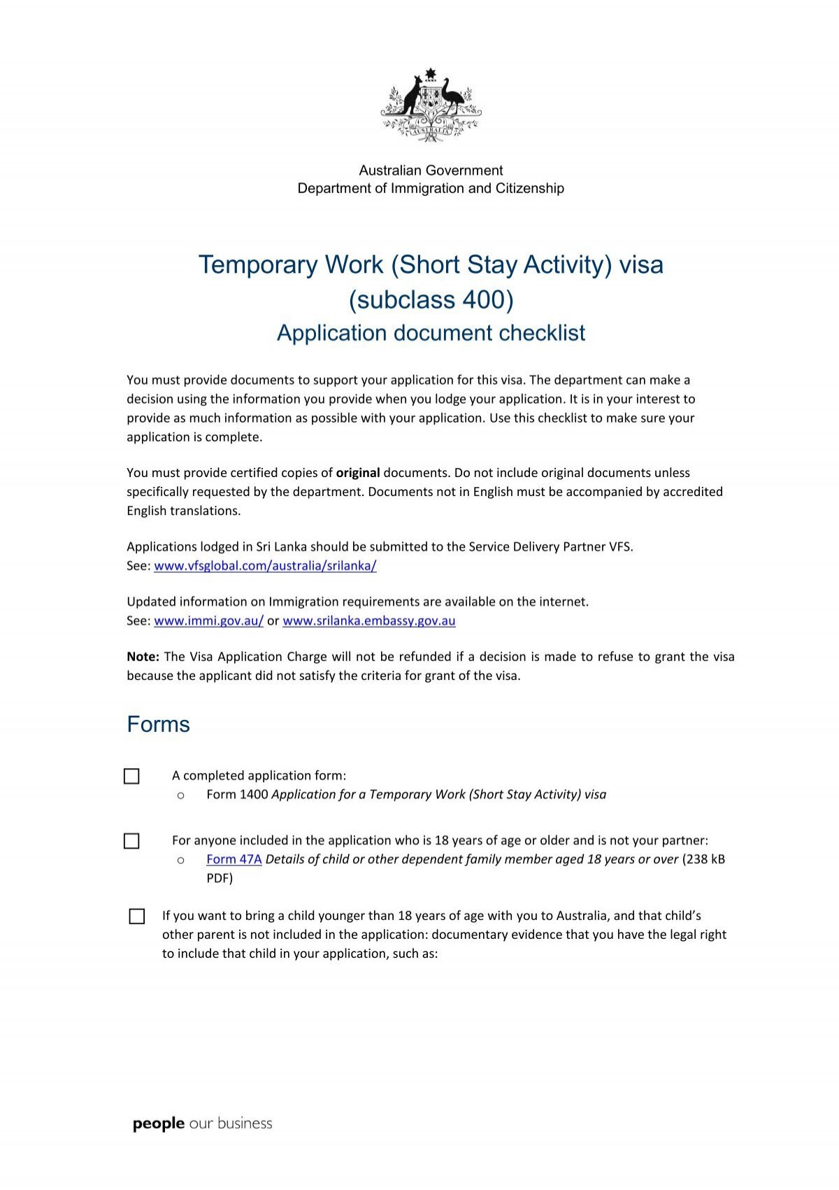 Temporary Stay Activity) visa (subclass 400)