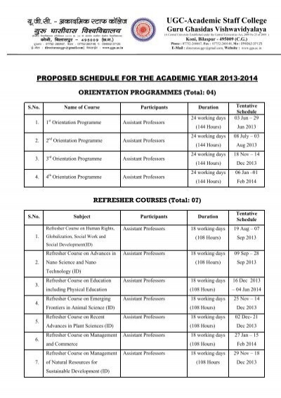 Proposed Schedule of Orientation Programmes, Refresher Course ...