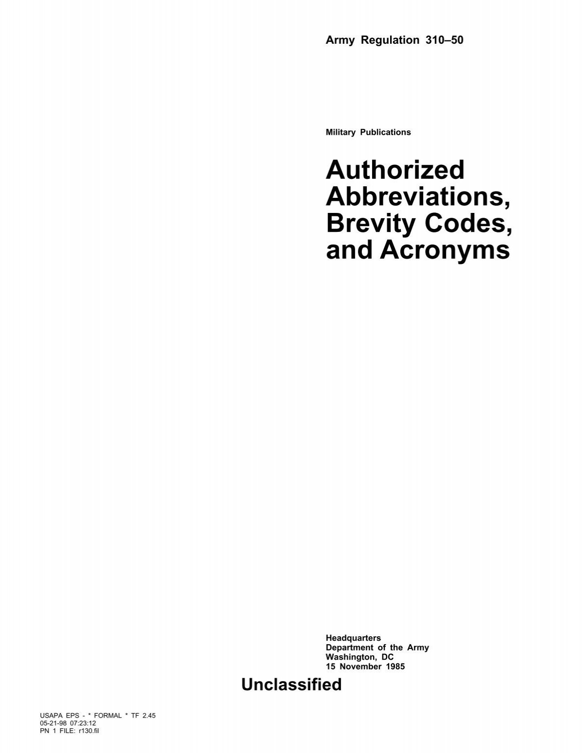 Sydøst Aftensmad Undertrykke Authorized Abbreviations, Brevity Codes, and Acronyms